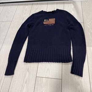 Ralph Lauren Polo Vtg American flag knit sweater navy blue red small 100% cotton